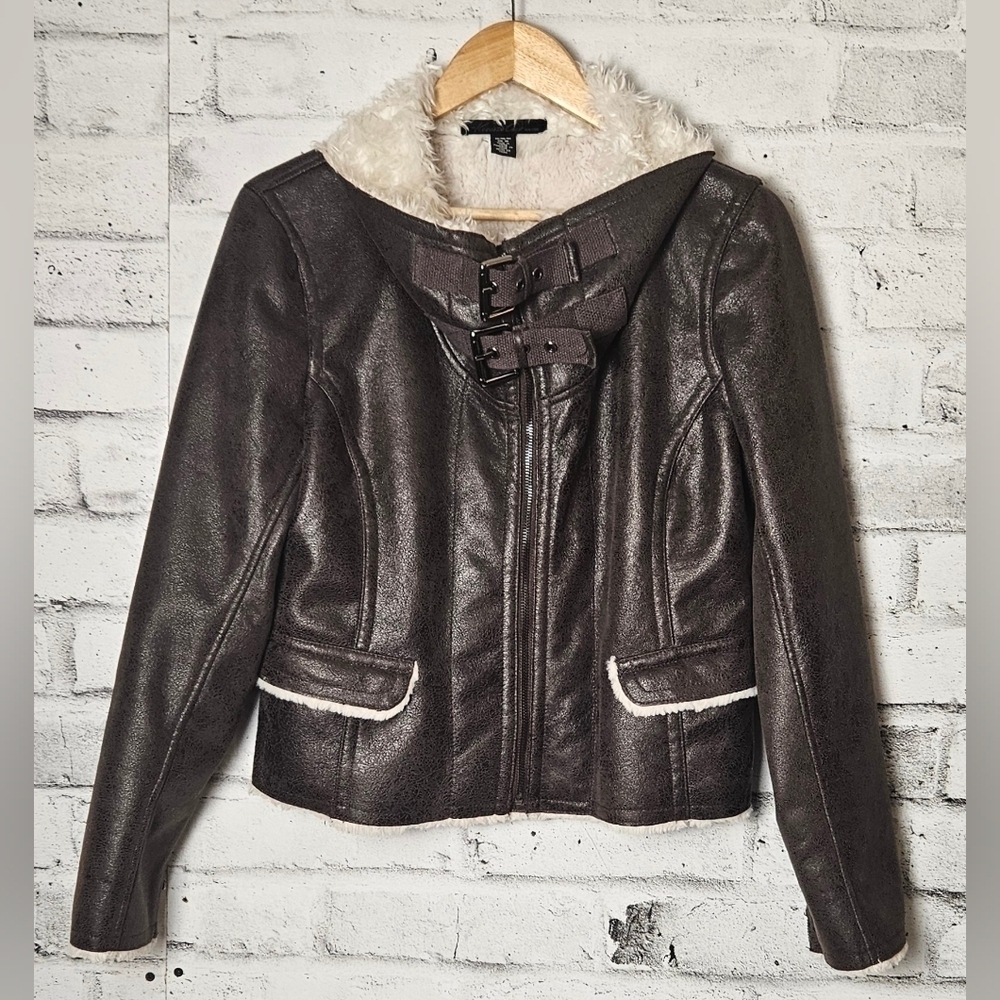 Kenneth Cole Faux Shearling Aviator Moto Jacket Brown Buckle Collar M